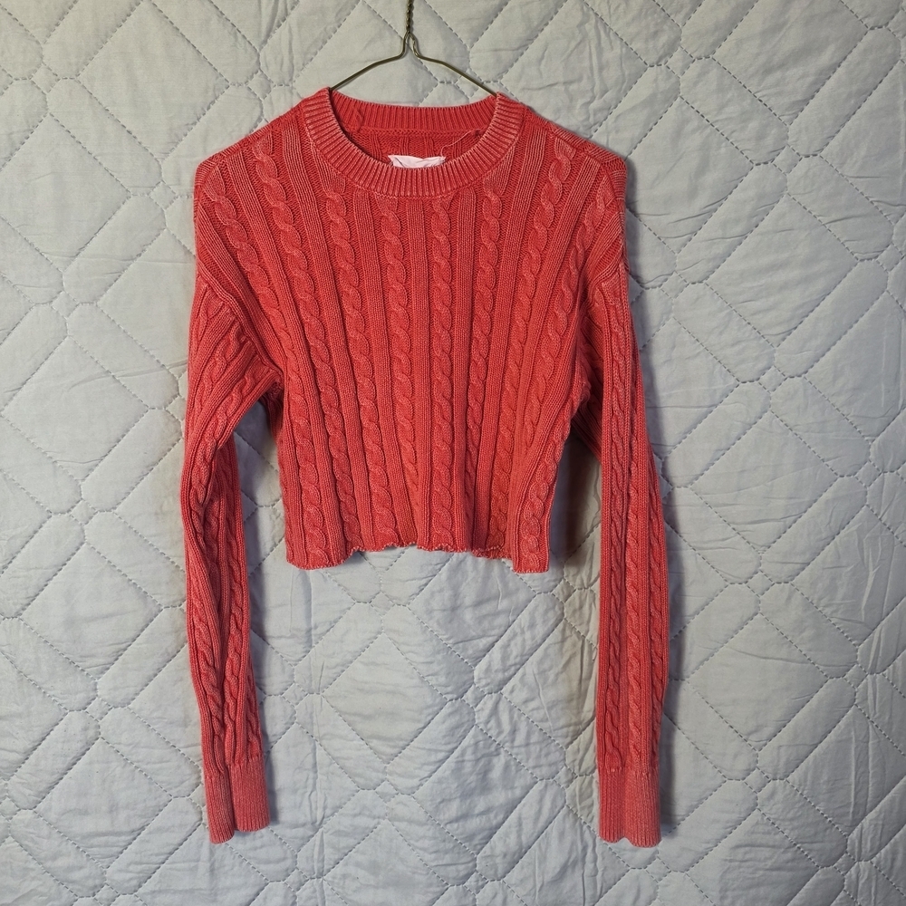Red Cable Knit Cropped Sweater Sz XS Red
